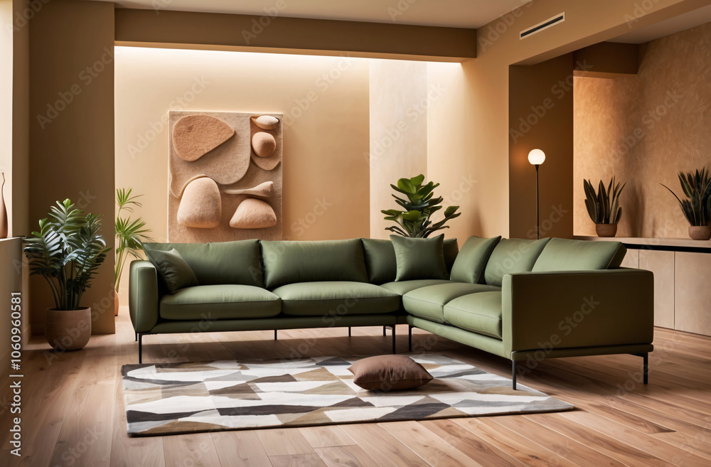 Fototapeta premium Minimalist, loft interior design of modern living room with earthy tones, featuring olive green sectional sofa, a textured wall art piece, and modern decor elements, warm and cozy