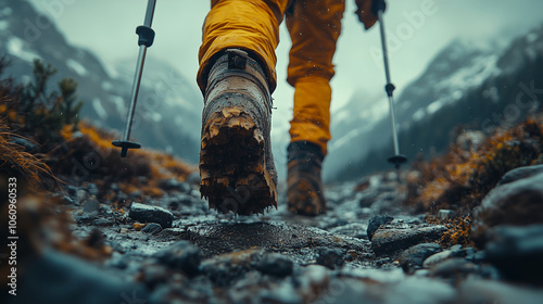 Hiker carefully navigating a rocky mountain trail with trekking poles: A lone hiker holding trekking poles with five fingers on each hand, carefully stepping on uneven terrain. The
