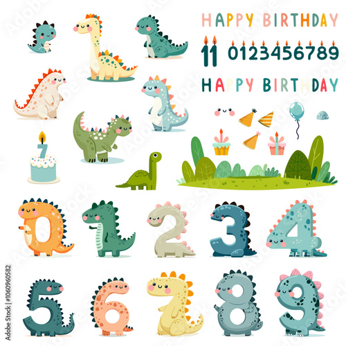 Cute dinosaur birthday set with numbers in dinosaur style, cake, candle, balloo, happy birthday text, vector illustration party elements for kids invitation, celebration, decorations, games, playful