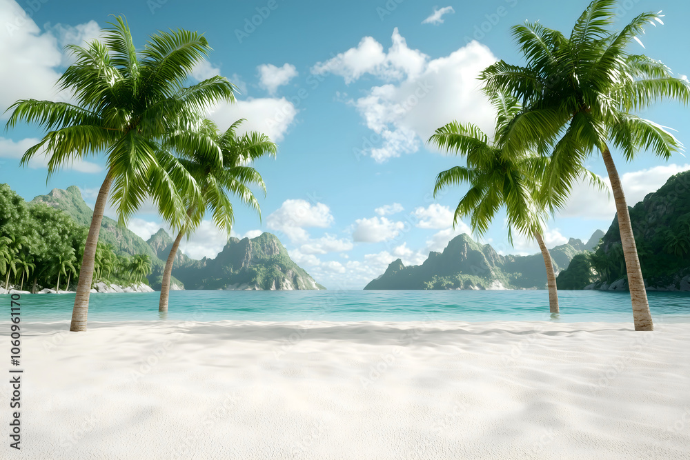 Obraz premium Serene Tropical Beach with Palm Trees and Blue Sky