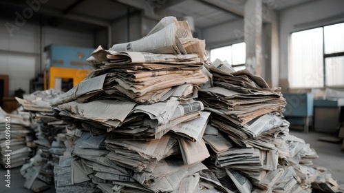 Piles of newspapers stacked haphazardly in an industrial setting, symbolizing chaos amidst the pursuit of news and information. photo