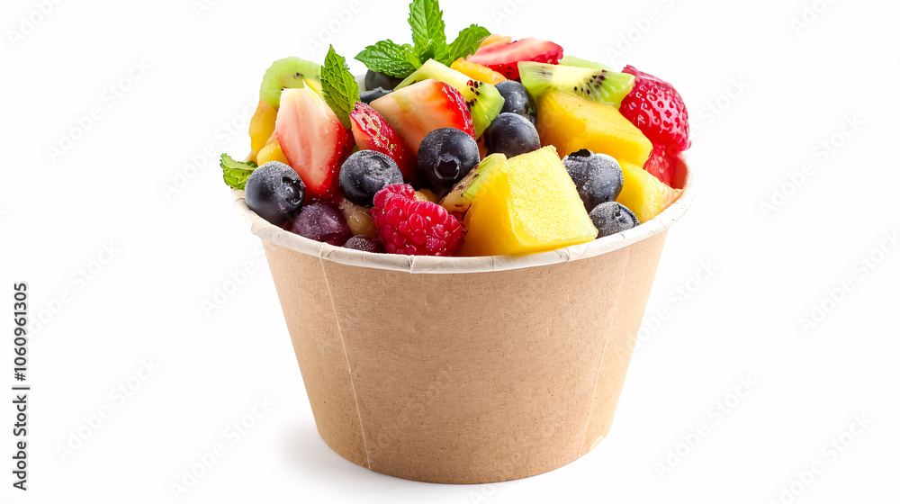 Fruit Salad in Takeaway Cup: A fruit salad presented in a takeaway cup, isolated on a white background, ideal for quick and healthy snacks. Fruit Salad in Takeaway Cup: A fruit salad presented in a takeaway cup, isolated on a white background, ideal for quick and healthy snacks.