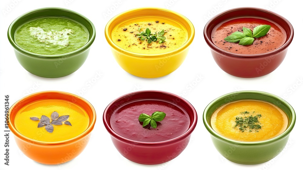 Array of vegetable soups in vibrant colors with garnish, displayed against a plain white background. Array of vegetable soups in vibrant colors with garnish, displayed against a plain white background.