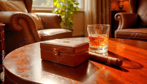 Leather  snuff box with cigar and glass of whiskey on wooden table, cozy living room atmosphere
 photo