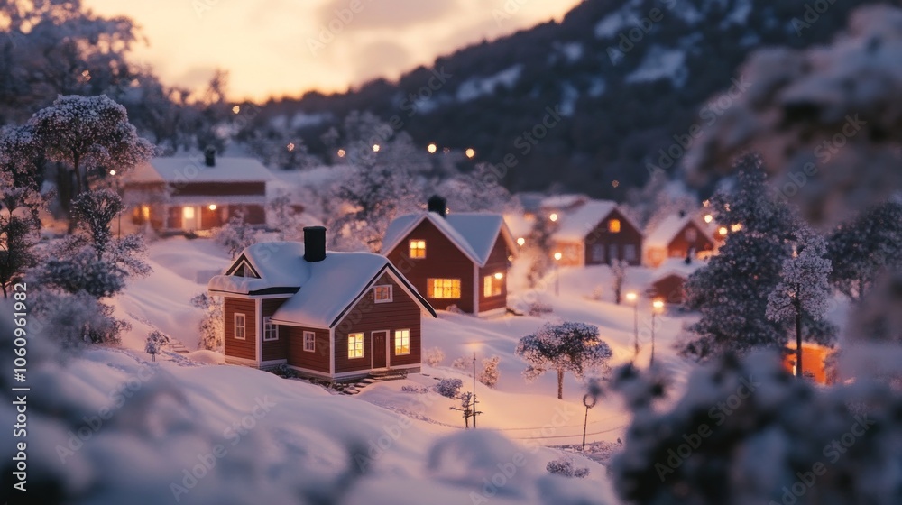 Cozy Snowy Village at Dusk with Glowing Windows Cozy Snowy Village at Dusk with Glowing Windows