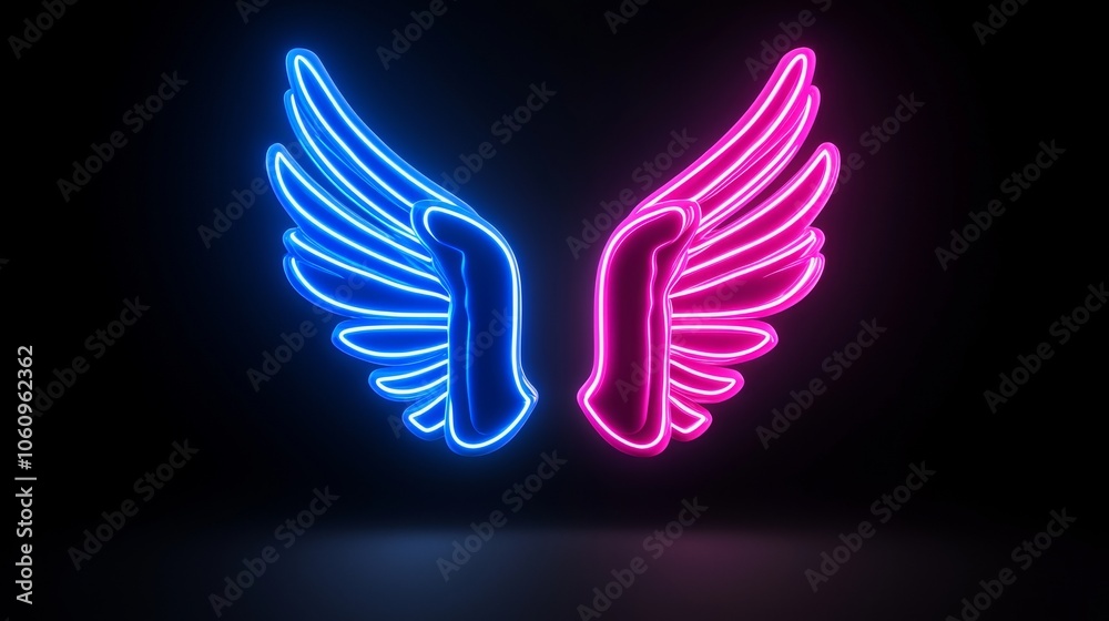 An abstract neon angel wing with pink and blue lights on a UV geometric background - a cyberspace futuristic wallpaper An abstract neon angel wing with pink and blue lights on a UV geometric background - a cyberspace futuristic wallpaper