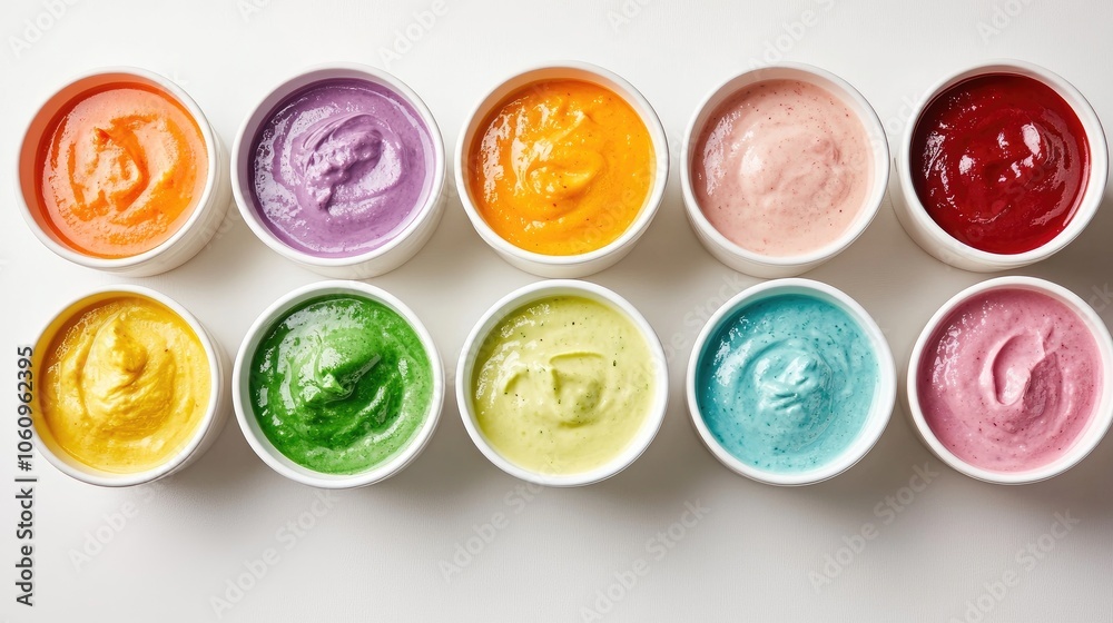 Bowls of vividly colored vegetable cream soups, aligned on a white background, highlighting dietary choices. Bowls of vividly colored vegetable cream soups, aligned on a white background, highlighting dietary choices.