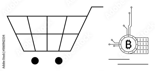 Simple sketch of a shopping cart and a Bitcoin symbol with digital circuit lines. Ideal for e-commerce, cryptocurrency, digital currency, online shopping, and financial technology themes. Minimalist