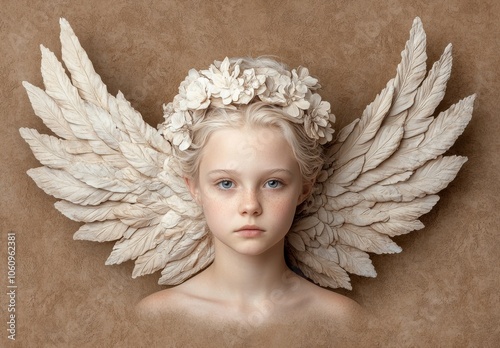 It features a Victorian-style illustration of a beautiful young woman with wings, isolated on a vintage old paper background. A charming and whimsical image for fairy tales. photo