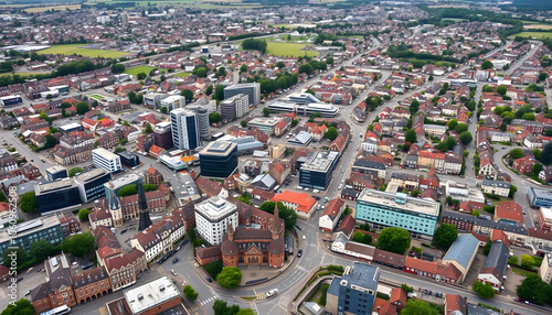 Aerial view of downtown of Luton city in England isolated with white shades, png