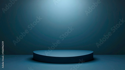 minimalist, product display podium in ethereal dark blue, gray environment with luminous effects, backdrop