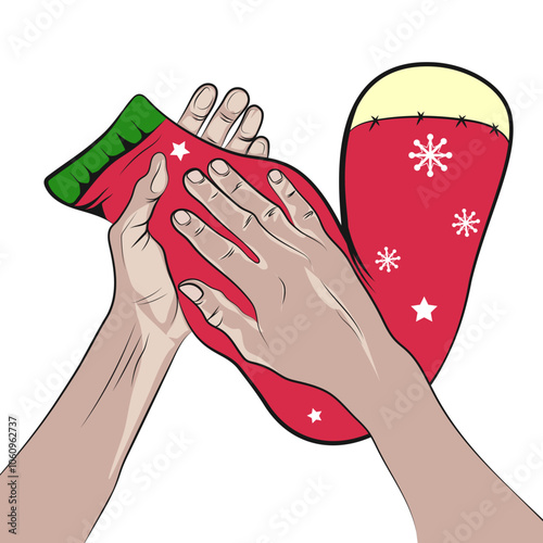 Hands washing Christmas stockings.