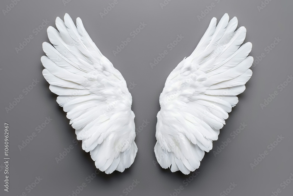 An Stock pair of white fairy wings with soft feathers on a black background. An Stock pair of white fairy wings with soft feathers on a black background.