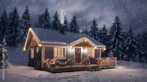 4k footage of Winter Wonderland Log Cabin with snow falling, Snowy Rustic Christmas House, Cozy Log Cabin in Winter Night, Christmas Eve in a Snow-Covered Forest, Solitary Winter Retreat