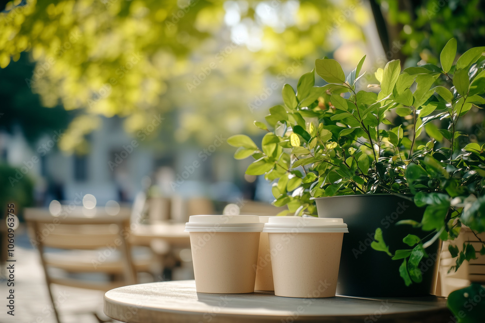 A coffee cup sits on a table, surrounded by lush greenery and bathed in soft sunlight. A coffee cup sits on a table, surrounded by lush greenery and bathed in soft sunlight.