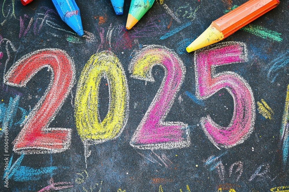 Vibrant chalk drawing of the year 2025 on a blackboard with colorful crayons scattered around