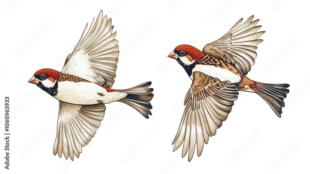 Obraz premium House Sparrows in Dynamic Flight Captured in Detailed Illustrations Generative AI