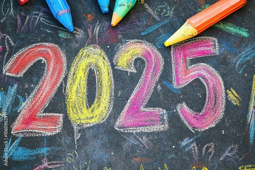 Obraz na płótnie Vibrant chalk drawing of the year 2025 on a blackboard with colorful crayons scattered around w salonie