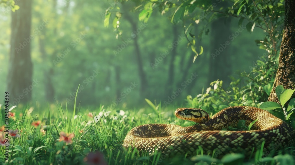 A snake resting on lush grass in a serene forest environment. A snake resting on lush grass in a serene forest environment.