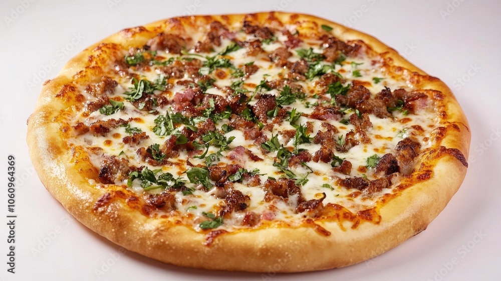 Delicious Italian pizza with gooey cheese and herbs, on a plain white background.