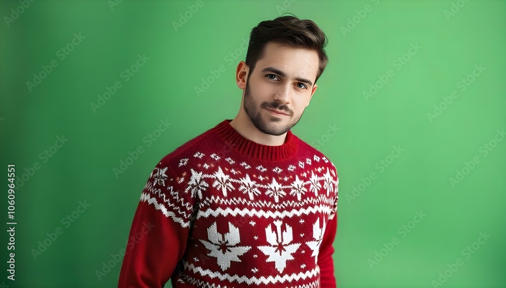 Smiling man wearing a Christmas jumper sweater isolated on a green background with copy space Smiling man wearing a Christmas jumper sweater isolated on a green background with copy space