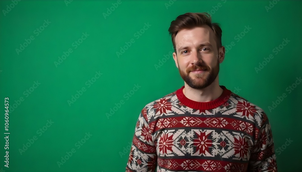 Smiling man wearing a Christmas jumper sweater isolated on a green background with copy space Smiling man wearing a Christmas jumper sweater isolated on a green background with copy space