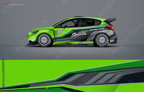 Racing Car branding mockup with racing wrap decal or livery design, Hatchback wrap design with green black grey background. Hatchback and sedan vector ready print printable file