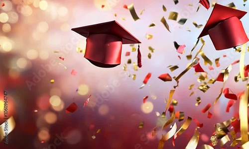 A festive graduation scene with red caps and colorful confetti celebrating academic achievement.