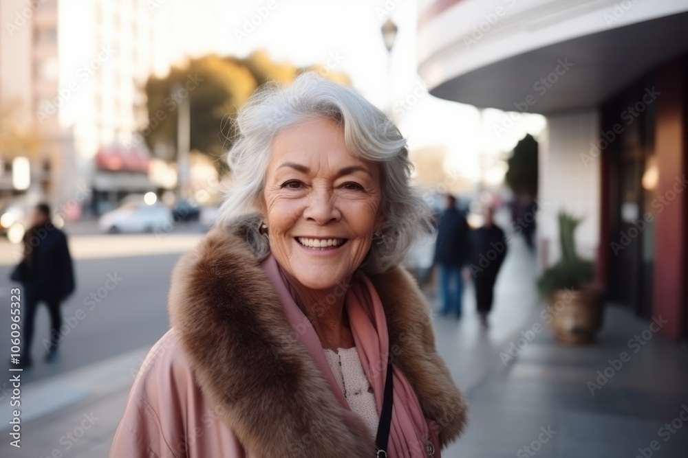 Portrait of happy senior woman in fur coat walking on city street Portrait of happy senior woman in fur coat walking on city street