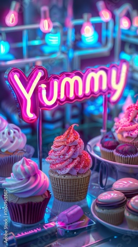 A neon sign that says "Yummy" is above a table full of cupcakes. The cupcakes are arranged in various sizes and colors, and there are also some other desserts on the table