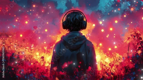 Witness the magic of a solitary figure in a captivating landscape, lost in the rhythm of an enchanting soundscape. seamless looping 4K time-lapse virtual video animation background