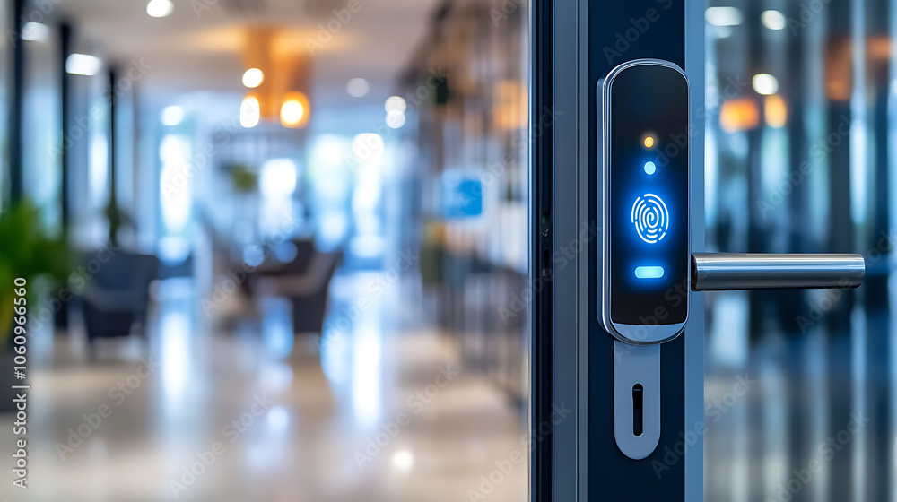 Door lock on door with fingerprint sensor, entrance to modern office and home Door lock on door with fingerprint sensor, entrance to modern office and home