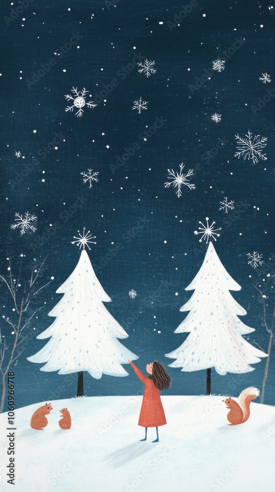 A childs admiration for unique snowflakes in a charming, magical winter wonderland A childs admiration for unique snowflakes in a charming, magical winter wonderland