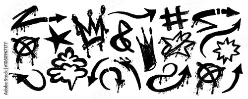 Set graffiti with arrows, splatter and dripping ink. Rough urban emphasis tag lines with splash spray and crown, tar, cloud. Vector illustration symbols punk, arrows. 