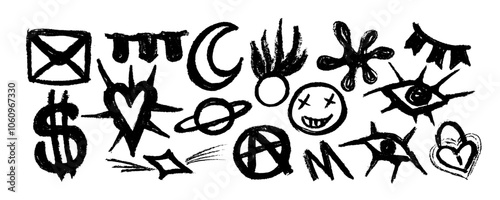 Charcoal graffiti doodle punk and girly shapes collection. Hand drawn abstract scribbles and squiggles, creative various shapes, pencil drawn icons. Scribbles, scrawls, heart, moon,  eyes, curly lines