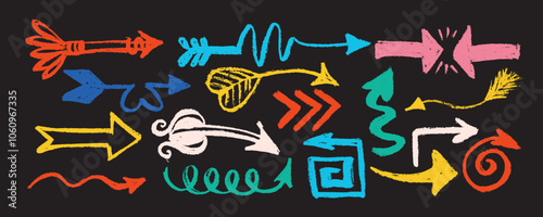 Big set of   drawn  charcoal bold arrows. Collection of grunge hand drawn doodle thick arrows in different directions. Isolated black vector arrows charcoal arrows, direction pointers icons.