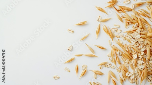 Scattered oat grains on a simple white background, ideal for organic food and wellness themes.