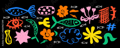 Collection of hand drawn  colorful charcoal doodle shapes and squiggles in childish girly style. Pencil drawings isolated on black. Star,grid,  flower, eye, fish, branch and cloud doodle collage 