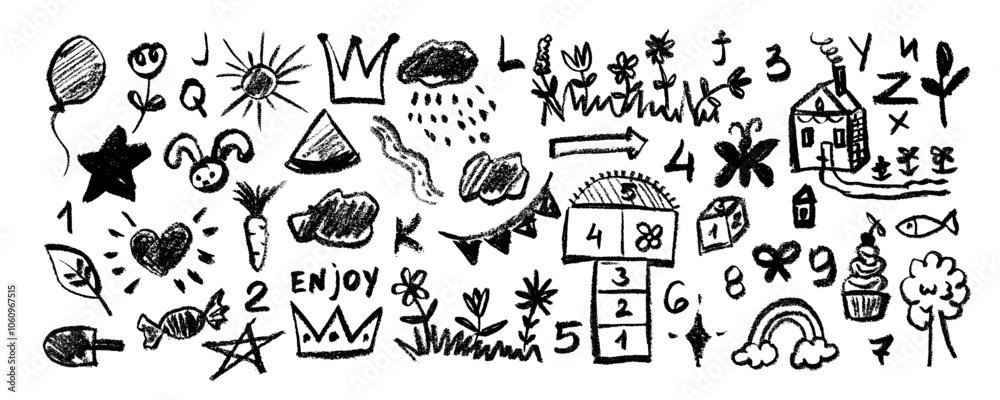 Cute kid illustration with silhouettes flowers, cloud, crown, stars, summer . Hand drawn doodle sketch cute vector school chalk background. Kids pattern in style doodle, hand drawn crayon. Cute kid illustration with silhouettes flowers, cloud, crown, stars, summer . Hand drawn doodle sketch cute vector school chalk background. Kids pattern in style doodle, hand drawn crayon.