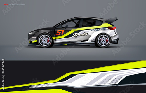 Racing Car branding mockup with racing wrap decal or livery design, Hatchback wrap design with black grey background. Hatchback and sedan vector ready print printable file