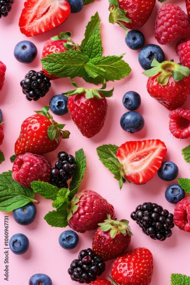 Fresh Berries with Mint on Pink Background. Fresh Berries with Mint on Pink Background.
