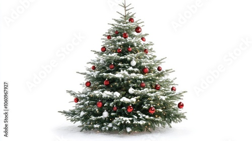 Snow-topped Christmas tree against white, with subtle ornaments, evoking a serene holiday atmosphere.