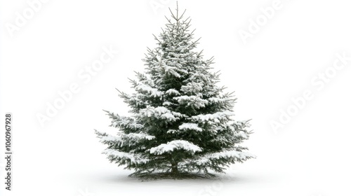 Snow-dusted Christmas tree on simple white background, creating a peaceful holiday scene.