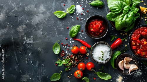 Ingredients for tasty pasta sauce on dark concrete background