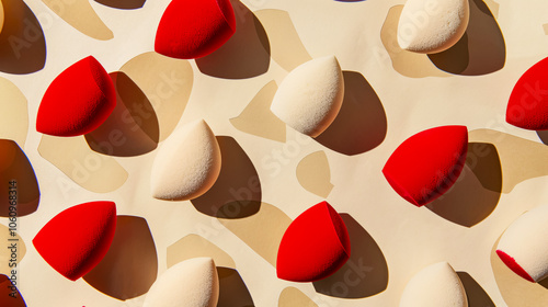 A geometric pattern created from makeup sponges, highlighting beauty blenders in red and beige against a beige background. photo