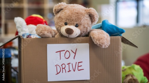 Toy Drive Donation Box with Teddy Bear and Toys photo