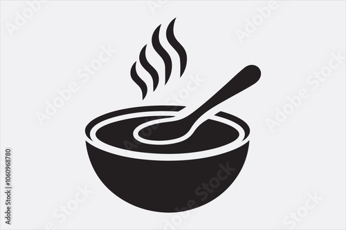 Black silhouette of a bowl of hot soup with a spoon