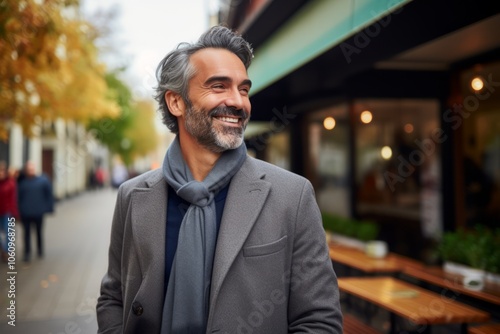 Portrait of a handsome mature man with grey hair wearing a coat and scarf in a city street