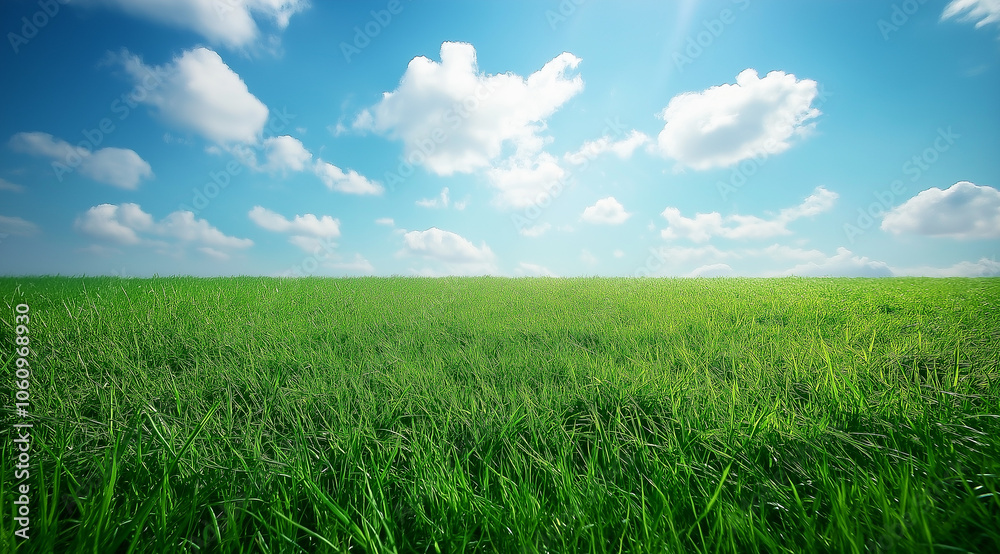 Obraz premium A large grassland with a blue sky and white clouds in the background. A flat green field with sparse plants at ground level with distant view. A horizontal composition, bright colors, natural light. 