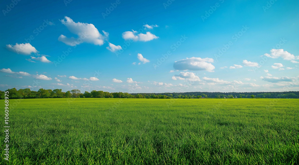 Obraz premium A large grassland with a blue sky and white clouds in the background. A flat green field with sparse plants at ground level with distant view. A horizontal composition, bright colors, natural light. 